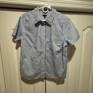 Talbots Blue and White Stripped Shirt with Pearls - Size Large